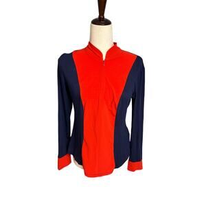 Movetes long sleeve mindy polo shirt maritime blue w/ flame scarlet womens small